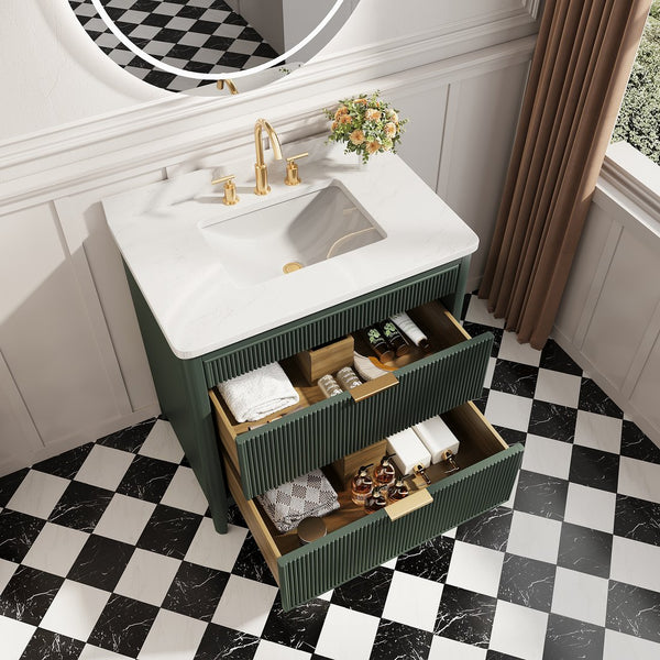 English Elm Fully Assembled 36" Green Bathroom Vanity With Solid Wood, Carrara Marble Top & Soft-Close Features W1826P308980