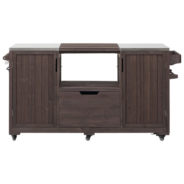 English Elm K&K 66.5" Outdoor Kitchen Island with 1.2" Stainless Steel Top, Ample Storage, Wheels & Bottle Opener Brown N707P250629Z