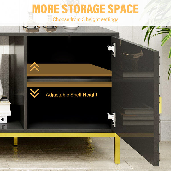 English Elm 70 Electric Fireplace TV Stand with Honeycomb Doors & Gold Legs, Sturdy MDF Console with Adjustable Shelves and Open Storage for Modern Living Room Black 75.6 L x 19.3 W x 5.5 H T3609P332395