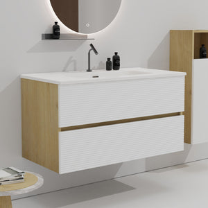 English Elm Gloria Floating Bathroom Vanity Two Tone Oak Ceramic Sink Soft Close Modern W1865P252915