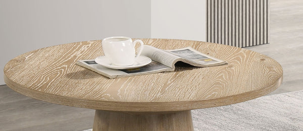 English Elm Contemporary Round Coffee Table With Cone Base - Warm Oak Finish, Stylish Design For Modern Living Rooms B2741S00441