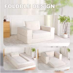 English Elm Compression Human Dog Sofa Bed 3-in-1 Folding Corduroy Floor Couch with Memory Foam Pillow for Living Room Beige W3723P376787