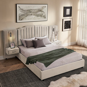 English Elm Queen Velvet Platform Bed with Tufted Headboard Integrated Nightstands and Striped Design Beige W487S00440