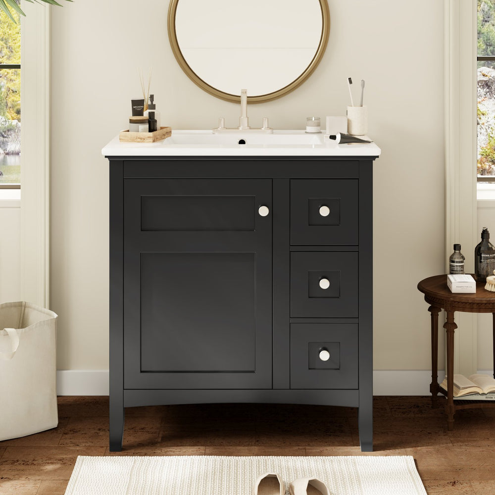 English Elm 30 Inch Bathroom Vanity with Ceramic Sink and 3 Smooth-Glide Drawers, Modern Moisture-Resistant Storage Black N710P252105B