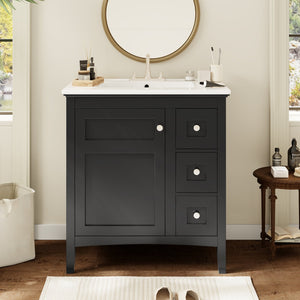 English Elm 30 Inch Bathroom Vanity with Ceramic Sink and 3 Smooth-Glide Drawers, Modern Moisture-Resistant Storage Black N710P252105B