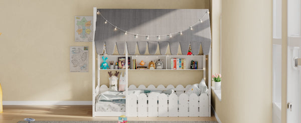 English Elm {slats Are Not Included} Twin Montessori House Floor Bed Kids Tent Lights Shelves Pinewood Frame White N708P407962K