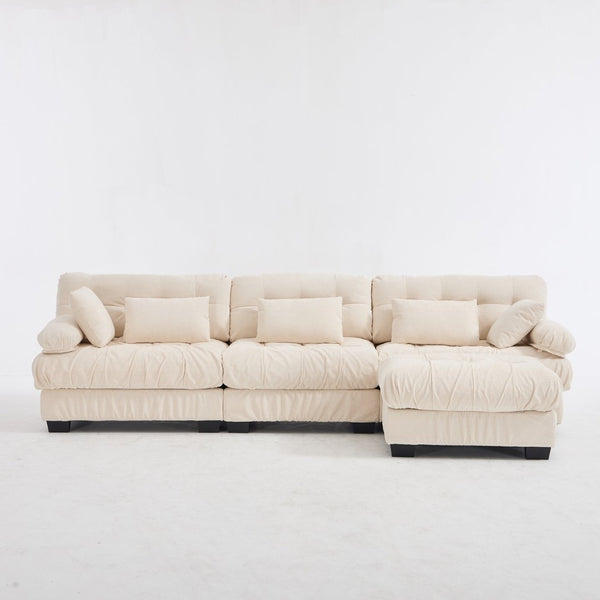 English Elm Modular Cloud Sectional Sofa Flannelette Deep Seat L Shape with Movable Ottoman Beige W2120S00037