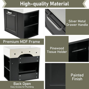 English Elm Christopher Knight Home® - 21.8" Wall-Mounted Bathroom Vanity with Ceramic Sink, Soft-Close Drawer, Adjustable Shelves & Tissue Holder Black N759P292550B