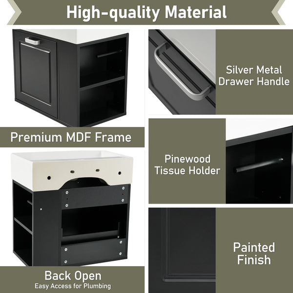English Elm Christopher Knight Home® - 21.8" Wall-Mounted Bathroom Vanity with Ceramic Sink, Soft-Close Drawer, Adjustable Shelves & Tissue Holder Black N759P292550B