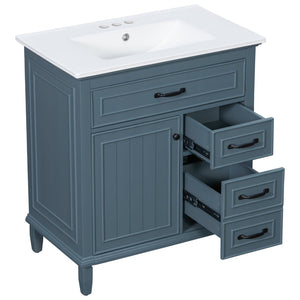 English Elm 30 Inch Freestanding Bathroom Vanity Solid Pine Cabinet Ceramic Sink Top Storage Blue Gray N725P412782C