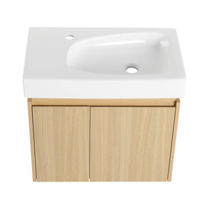 English Elm 24 Inch Bathroom Vanity Floating Ceramic Basin Sink Combo with Double-Door Wall-Mounted Storage Cabinet Durable Engineered Wood Modern Design Oak W1972P190341