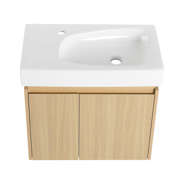 English Elm 24 Inch Bathroom Vanity Floating Ceramic Basin Sink Combo with Double-Door Wall-Mounted Storage Cabinet Durable Engineered Wood Modern Design Oak W1972P190341