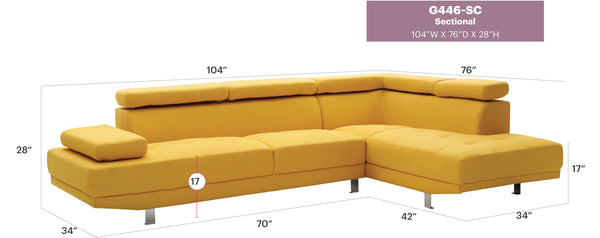 English Elm Riveredge Modern Right-Facing Sectional with Adjustable Armrests & Headrests, Chrome Legs, Fabric Comfort Yellow 21 L x 76 W x 34 H B078S00399