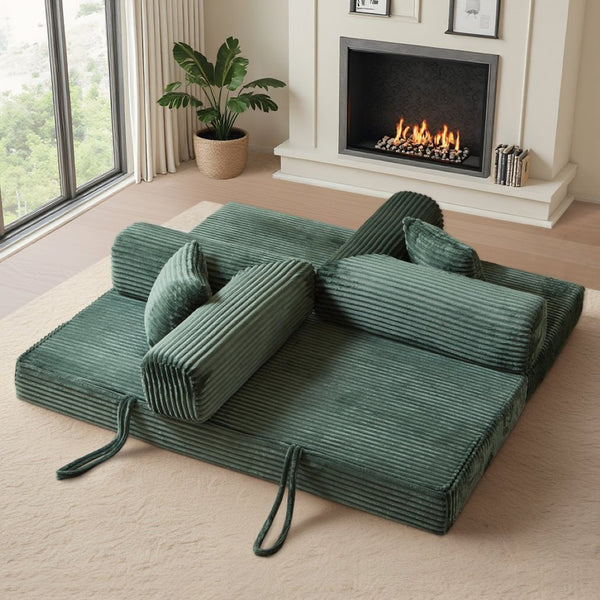 English Elm Compression Foldable Floor Sofa Bed Corduroy Futon with Foam Support for Small Spaces Green W3716P379189