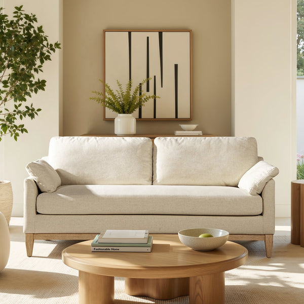 English Elm Jennifer Taylor Home - Pasadena 75.5" Modern Farmhouse Sofa in Flax White Linen — Eco Rubberwood Base, Plush Feather-Blend Pillows B2719P353146