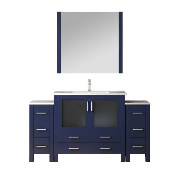 English Elm Navy Blue Bath Vanity Set With White Ceramic Top, Side Cabinets, Faucet & 34" Mirror For Elegance B2731S01377