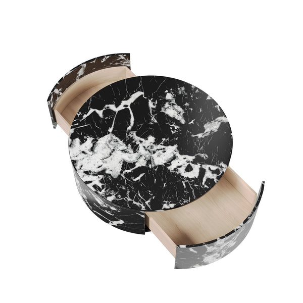 English Elm Tavola Round Coffee Table with Marble Pattern Top and Metal Legs, Two Drawers for Stylish Storage Black B341P321162