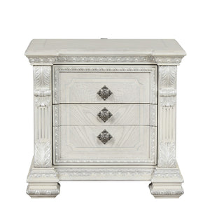 English Elm Ornate Silver Molding Nightstand with Usb Charging Dovetail Drawers Bedroom Storage White B2741P431064