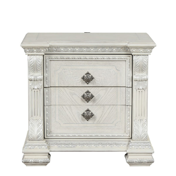 English Elm Ornate Silver Molding Nightstand with Usb Charging Dovetail Drawers Bedroom Storage White B2741P431064
