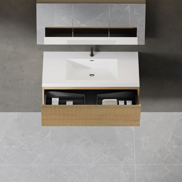 English Elm 42'' Floating Vanity Smoked Walnut Fluted Ink Black Drawer Soft Close Quartz Basin Oak Natural Wood + Off White W1573P265200