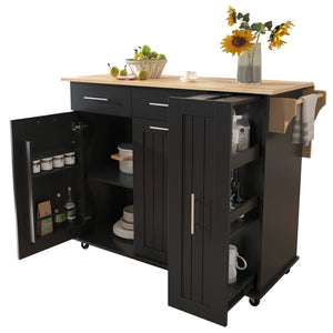English Elm K&K Kitchen Island with Drop Leaf, Rolling Storage Cart with 3-Tier Pull-Out Organizer, Durable Wood Countertop Black WF531421AAB