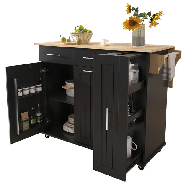 English Elm K&K Kitchen Island with Drop Leaf, Rolling Storage Cart with 3-Tier Pull-Out Organizer, Durable Wood Countertop Black WF531421AAB