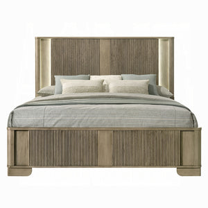 English Elm 1pc Transitional Queen Bed with Reeded Panels and Built-In LED Headboard in Antique Finish, Solid Wood Oak 66 L x 37 W x 7 H B2741S00744