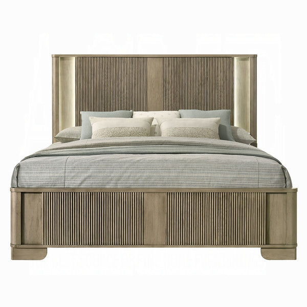 English Elm 1pc Transitional Queen Bed with Reeded Panels and Built-In LED Headboard in Antique Finish, Solid Wood Oak 66 L x 37 W x 7 H B2741S00744