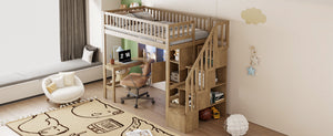 English Elm Wood Twin Loft Bed with Built-In L-Desk, LED Lighting, Staircase Storage, Shelves & Cabinets Walnut N7090000470D