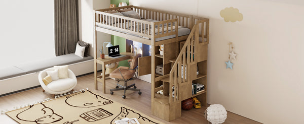 English Elm Wood Twin Loft Bed with Built-In L-Desk, LED Lighting, Staircase Storage, Shelves & Cabinets Walnut N7090000470D