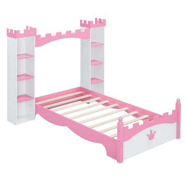 English Elm Castle-Shaped Twin Bed with Crown Footboard and Built-In Shelves, Sturdy MDF/Pine Frame for Kids White+Pink 82 L x 14.25 W x 6.75 H N733S177379K