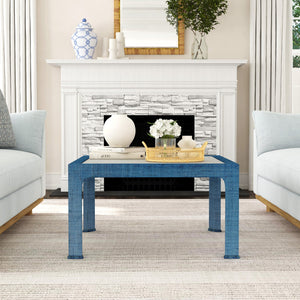 Butler Specialty Chatham Glass And Raffia Square Coffee Table - Modern Elegance With Textured Natural Finish Blue Saguran Raffia,Glass,Gmelina Arborea Wood 9153361-butler