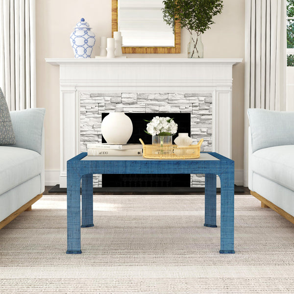 Butler Specialty Chatham Glass And Raffia Square Coffee Table - Modern Elegance With Textured Natural Finish Blue Saguran Raffia,Glass,Gmelina Arborea Wood 9153361-butler