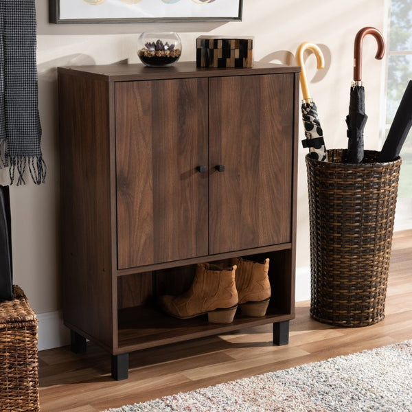 Baxton Studio Baxton Studio Rossin Modern Walnut Brown Shoe Storage Cabinet with Open Shelf & Ventilated Design ATSC1613-Columbia-Shoe Cabinet