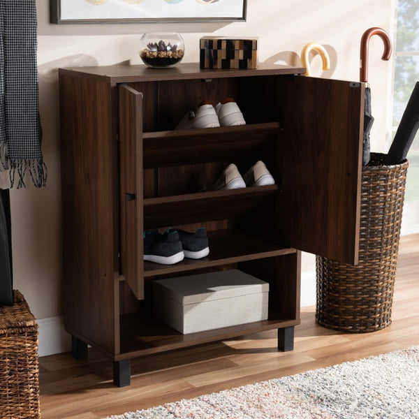 Baxton Studio Baxton Studio Rossin Modern Walnut Brown Shoe Storage Cabinet with Open Shelf & Ventilated Design ATSC1613-Columbia-Shoe Cabinet