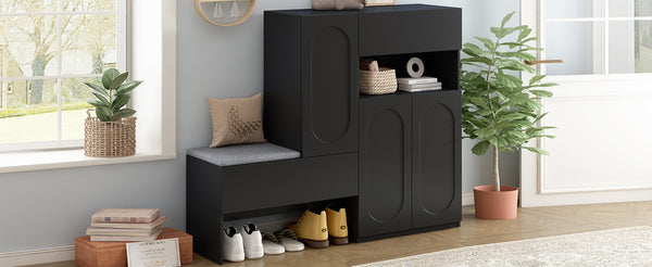 English Elm On-Trend Modern 2-In-1 Shoe Cabinet With Cushion, Adjustable Shelves & Elegant Arched Doors For Entryway N721P245716B-GIGA