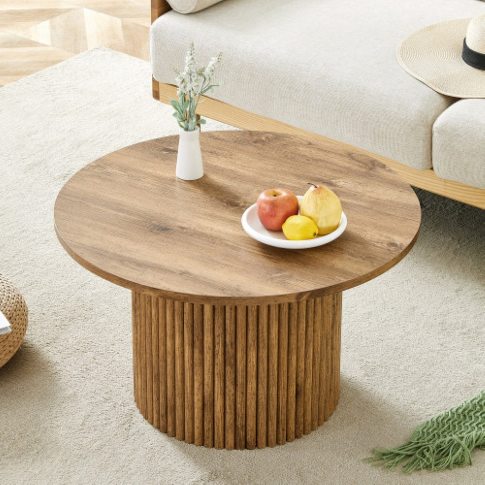 English Elm A Round Mdf Coffee Table with Sculptural Roman Legs and Hidden Storage for Living Rooms W2827P366711