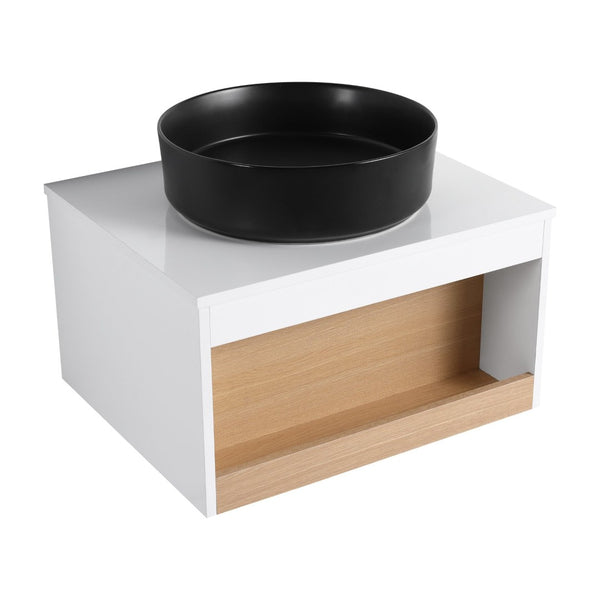 English Elm 24" Floating Bathroom Vanity Open Shelf Plywood Cabinet with Ceramic Vessel Sink W3450S00052