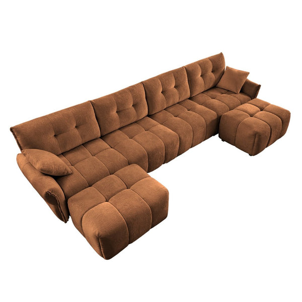 English Elm 4-seater Chenille Sofa Set with Ottomans Solid Wood Frame Tufted Living Room Burnt Orange W714S01668