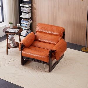 English Elm Medieval premium lounge chair with oil-waxed leather, removable cushion, mortise & tenon frame stability Retro Orange W2989P328541