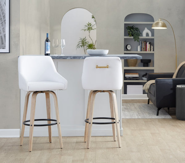 English Elm 30" Swivel Barstools Set of 2 Whitewashed Wood Faux Leather Gold Frame Counter Height B202S01922
