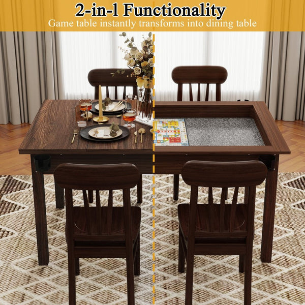 English Elm 63" Convertible Board Game Dining Table Solid Pine Legs Leatherette Mat Seats Six W1120P338188