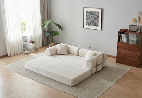 English Elm 78.8" Corduroy Modular Floor Sofa Convertible Sleeper Futon with Pillow Back Support Off White W5617P456003