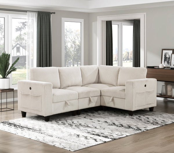 English Elm 4-Piece Modular Sectional with Storage Drawers, Side Pockets and USB Charging in Corduroy Upholstery Beige 28.5 L x 29 W x 20.5 H B011S01074