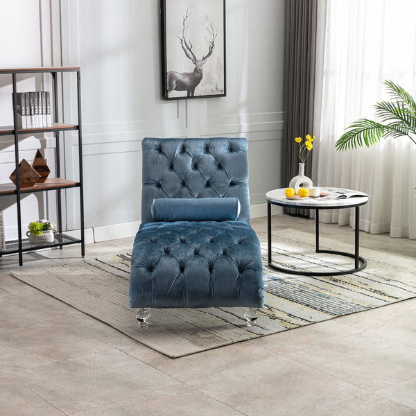 English Elm Velvet Curved Chaise Lounge Sofa with Button-Tufted Upholstery, Plush Foam Seat and Acrylic Legs Light Blue W39538684