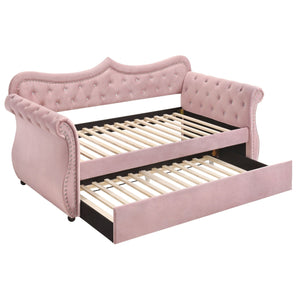 English Elm Pink Upholstered Twin Daybed with Trundle, 28-Slat Durable Frame, Velvet Finish, Ideal for 8" Mattress B062S00452