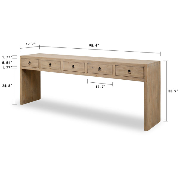 Lilys Waterfall Console Table With Five Drawers Weathered Natural Wood 98X18X34 Pre-Order Only 9157-L