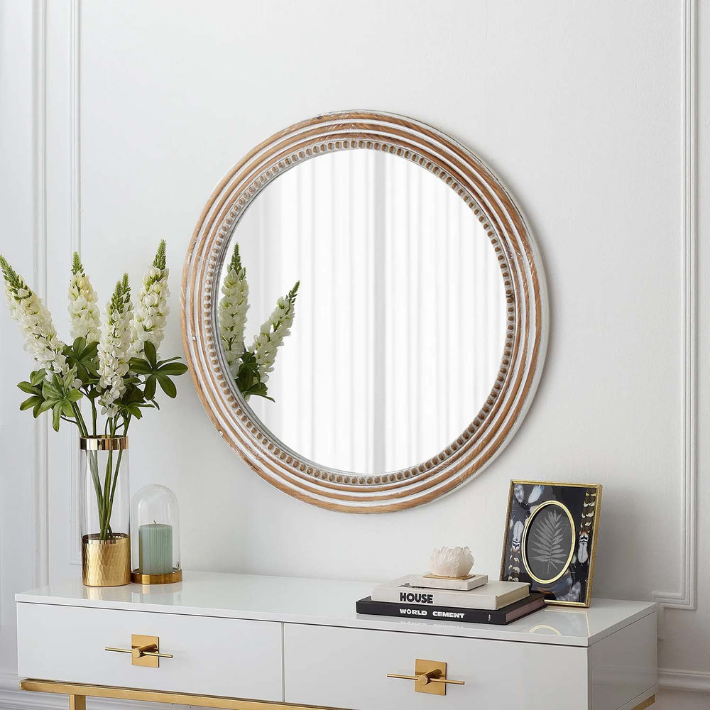 English Elm Rustic Round Wood Beaded Wall Mirror 23.6" Antique Natural Farmhouse Decor HD Glass Reflection W2295P246677