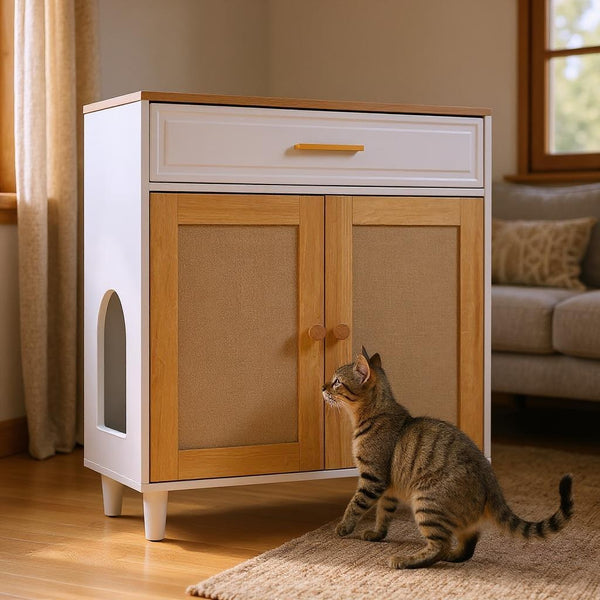 English Elm 3 IN 1 Cat Furniture Litter Enclosure with Sisal Scratcher Door, Charging Socket, Storage Drawer, Modern N843P252406N