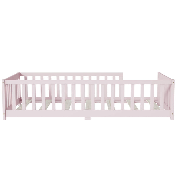 English Elm Twin Low Profile Rubberwood Floor Bed with Full Safety Fence for Toddler Rooms Pink W504P429338